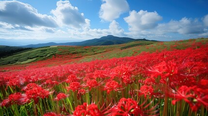 Fototapeta premium Vibrant Red Flower Field Under Blue Sky with Fluffy Clouds and Scenic Mountain View