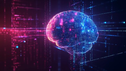 Obraz premium Digital Brain: A stunning digital representation of a human brain, illuminated with vibrant pink and blue lights.