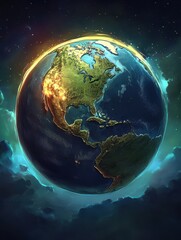 Digital world globe centered on USA, concept of global network and connectivity on Earth, data transfer and cyber technology, information exchange and international telecommunication