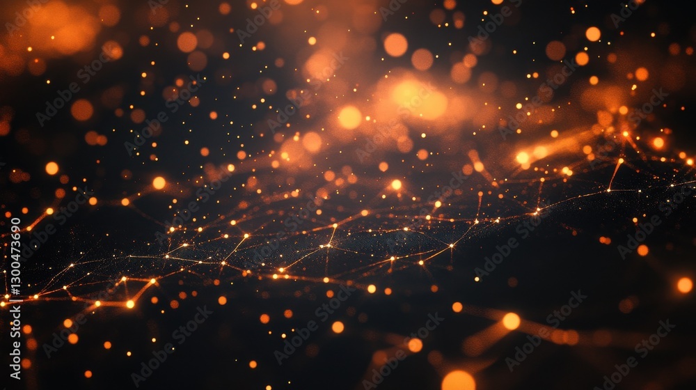 Poster abstract glowing orange network lines and dots with bokeh on a black background.