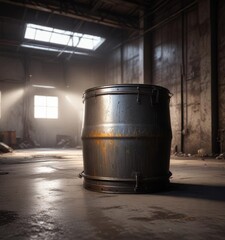 Old metal drum in a dimly lit abandoned warehouse ,  decay,  warehouse,  abandoned