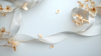 Elegant white ribbon with delicate flowers on a soft background, perfect for design and celebration concepts.