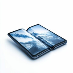 Foldable Book Smartphone Half-Folded Displaying Dual Screens Isolated on White