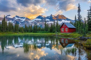 Fototapeta premium Mountain landscape with red cabin by tranquil lake, reflecting sky at sunset, surrounded by lush green trees, perfect for nature lovers and outdoor adventure.