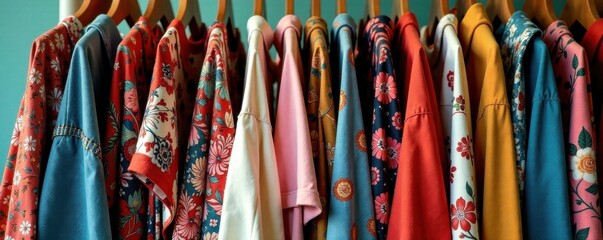 Retro-inspired clothing rack with mixed prints and accessories, home decor, vintage