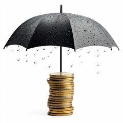 Large Umbrella Protecting a Stack of Shiny Gold Coins from Falling Rain Isolated on White