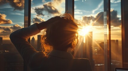 Deep in thought a business professional runs their hands through their hair while gazing at the laptop screen. Behind them the expansive window frames a dramatic skyline with clouds