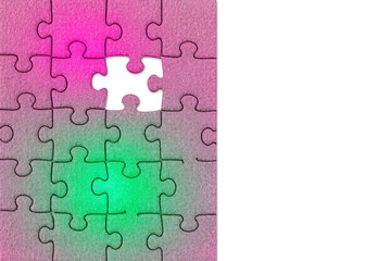 pink and green gradient jigsaw puzzle with missing piece isolated on white, 300dpi, empty copy space