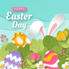 Happy Easter background with paper cut bunny, flowers and eggs. Vector illustration.