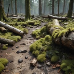 Obraz premium Rough forest floor with decaying logs and moss, weathered wood, rugged landscape, forest floor