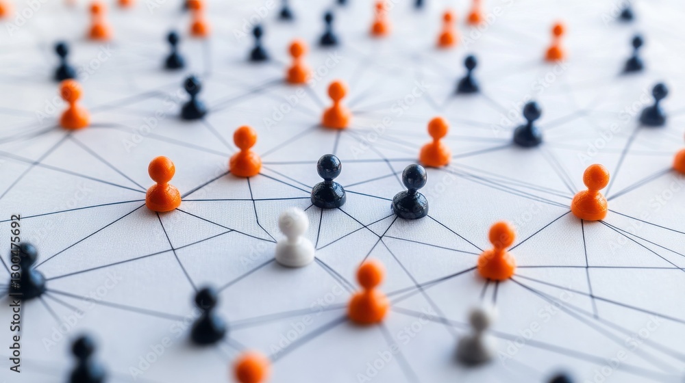 Poster conceptual image representing a social network with interconnected nodes and lines on a light backgr