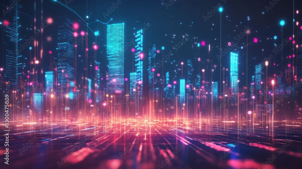 Poster a futuristic city skyline with abstract data visualizations and glowing elements representing techno