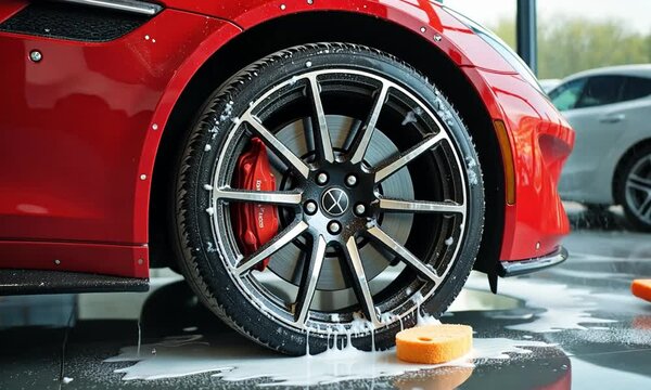  Red Sports Car Wheels Being Washed with Shampoo and Soft Sponge at Dealership