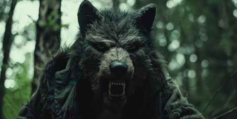 A fierce wolf character in a forest setting, showcasing intense expression and detailed costume, surrounded by nature