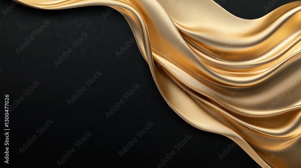 Poster luxurious golden silk fabric flowing gracefully over a dark background, creating an elegant and dyna