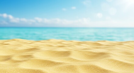 Fototapeta premium Serene beach scenery with golden sand textures meeting turquoise ocean horizon