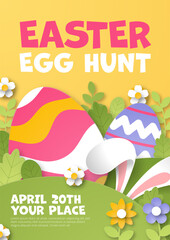 Easter Egg Hunt background with paper cut bunny, flowers and eggs. Vector illustration.