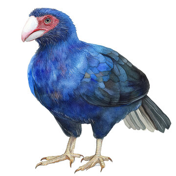 This is a vibrant watercolor painting of a unique bird displaying vivid blue and purple feathers and intricate details.