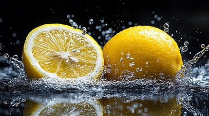 Fresh lemon halves in water splash on dark background