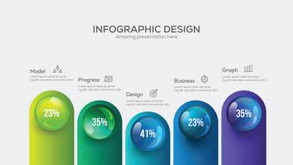 Business 5 option infographic presentation vector 3D colorful balls illustration five steps infographic are arranged vertically creating a clear timeline flow from top to bottom. 