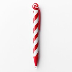 Fototapeta premium Whimsical Candy Cane-Shaped Pen with Red and White Striped Ink Tube Isolated on White