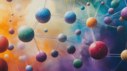 Interconnectedness: A vibrant tapestry of interconnectedness, symbolized by colorful spheres linked by delicate threads, forming a complex network on a soft, ethereal background.