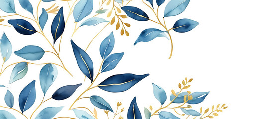 Watercolor Leaves and Branches Illustration in Shades of Blue and Gold