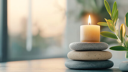 Burning candle placed on a stack of smooth zen stones with green leaves in soft natural light, creating a tranquil and meditative atmosphere for relaxation and mindfulness.