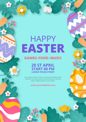 Happy Easter background with paper cut flowers and eggs. Vector illustration.