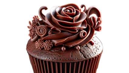 Close-Up of Chocolate Cupcake with Artistic Rose Swirl Frosting
