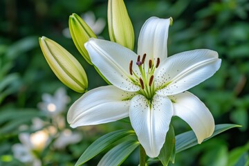 Fototapeta premium A close-up of an elegant white lily, with its delicate petals and stamens in focus against the blurred background of lush greenery