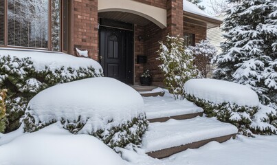 Snowy front steps leading to a brick house door.