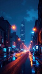 Fototapeta premium Glowing cityscape at night with blue and yellow neon lights, blue, illumination