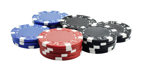 Different colored poker chips stacked and arranged for a game night gathering with friends, cut out