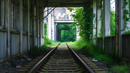 Abandoned Train Station with Overgrown Vines,  railway, train, railroad, rail, track, transportation, tracks, transport, travel, rails, steel, road, iron, perspective, sky, line, metal, journey, dista