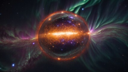 Obraz premium illustration of a magnetar, showcasing its intense magnetic field and swirling energy patterns. The background features cosmic elements, emphasizing the mysterious and powerful nature of this stellar 