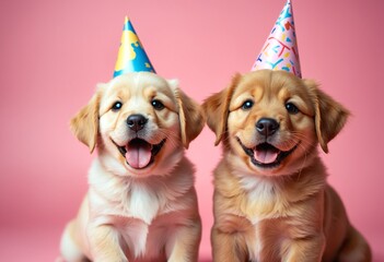 Two cute puppy dogs celebrating at a birthday party