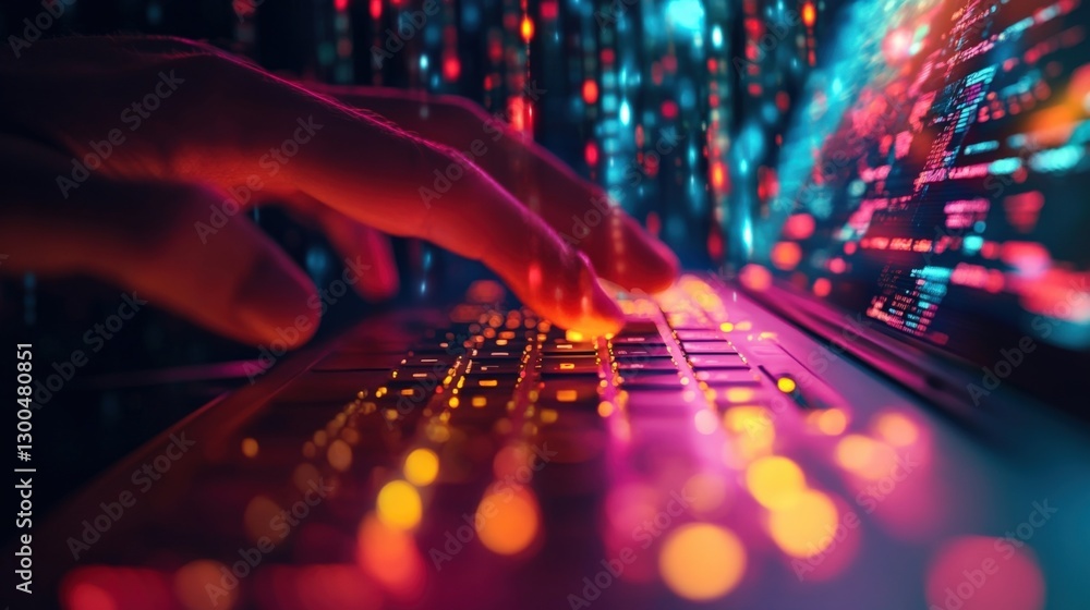 Poster close up of programmer's hands typing code on a laptop keyboard, with a colorful stream of data flow