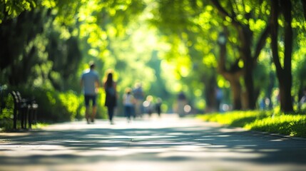 Fototapeta premium Park Path, People Walking, Sunlight, Trees