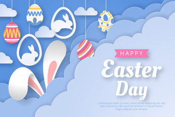 Happy Easter background with paper cut bunny, flowers and eggs. Vector illustration.