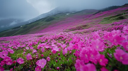 Obraz premium Vibrant Field of Pink Flowers Under Overcast Sky with Majestic Mountain Peaks in Background