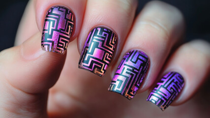 Vibrant holographic stained glass nail art with bold geometric patterns and shimmering colors