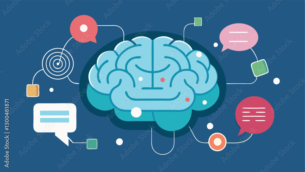 Poster zooming brain a brain made up of circuit patterns surrounded by floating devices with thought bubble