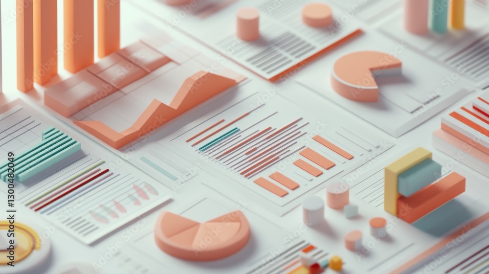 Poster scattered documents with charts and graphs, including pie, bar, and line graphs.