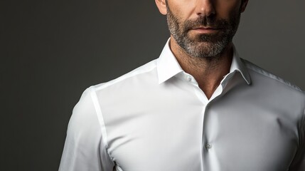 Obraz premium Stylish man in a fitted white dress shirt against a dark background showing confidence and elegance in fashion