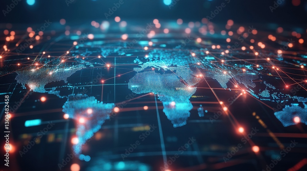 Poster abstract visualization of global network connections glowing lines link floating data nodes across w