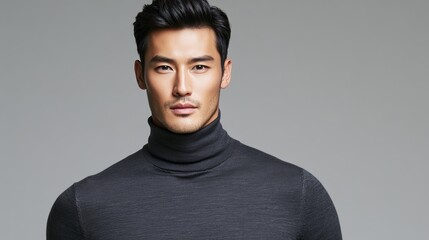 Confident Male Model in Modern Turtleneck Sweater Against Gray Background for Fashion and Style Photography