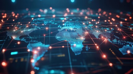 Obraz premium abstract visualization of global network connections glowing lines link floating data nodes across world map futuristic representation of international business and digital communication