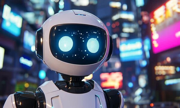 Futuristic Robot Character With Glowing Eyes Against Neon Cityscape at Night