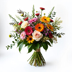 Obraz premium Colorful bouquet with pink, red, yellow, and orange flowers, including daisies, roses, and greenery, arranged on an isolated white background.